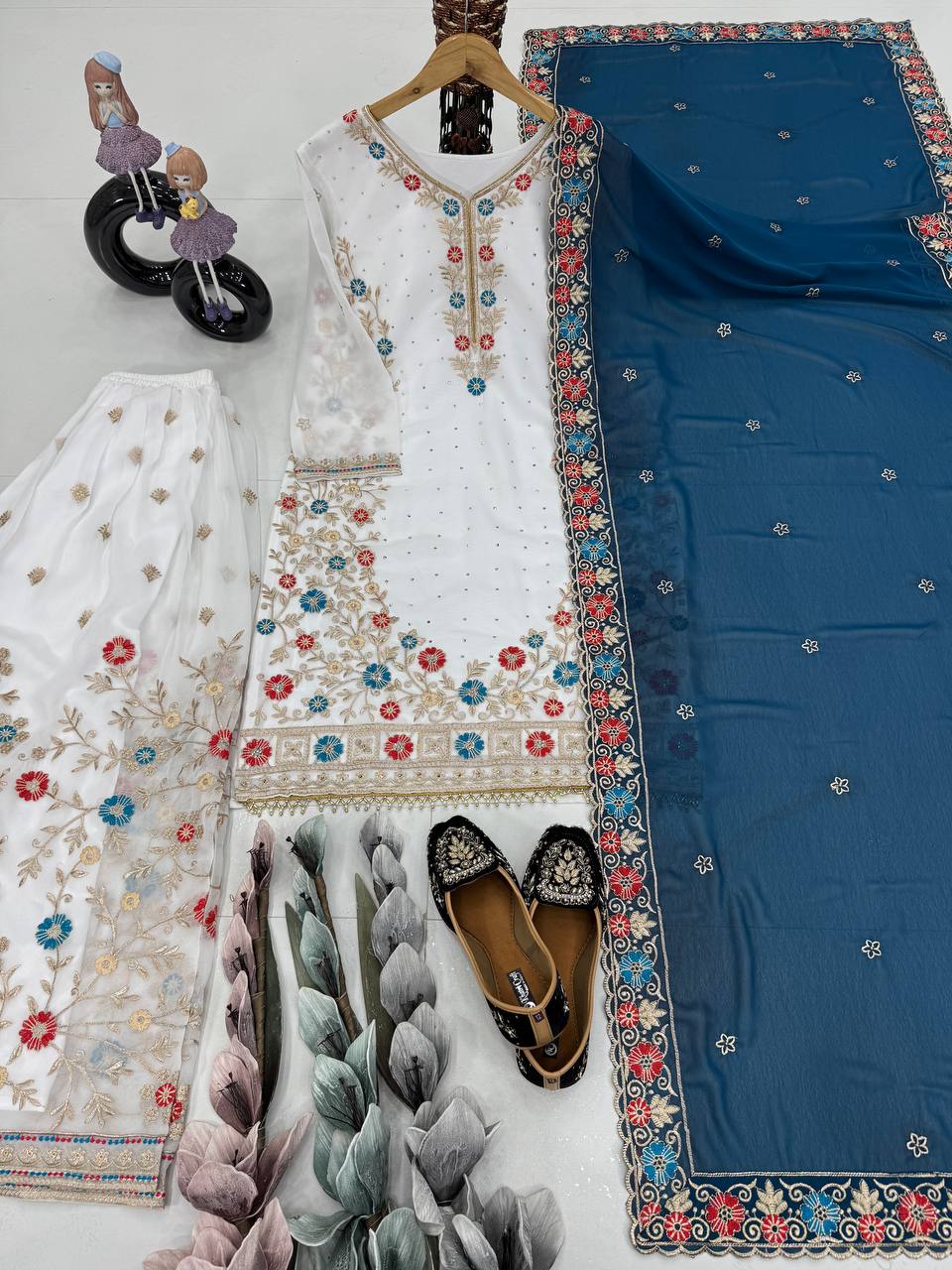 Party Wear Teal Blue Color Heavy Faux Georgette Embroidery Sequences With Stone Hand Work Palazzo Suit