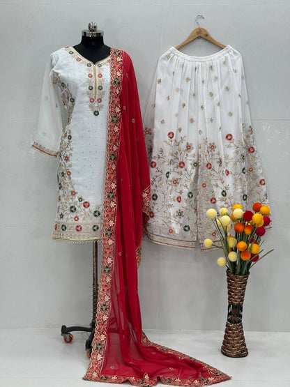 Party Wear Red Color Heavy Faux Georgette Embroidery Sequences With Stone Hand Work Palazzo Suit