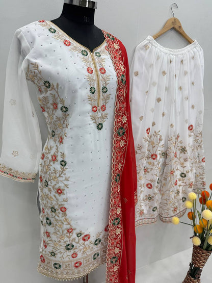 Party Wear Red Color Heavy Faux Georgette Embroidery Sequences With Stone Hand Work Palazzo Suit