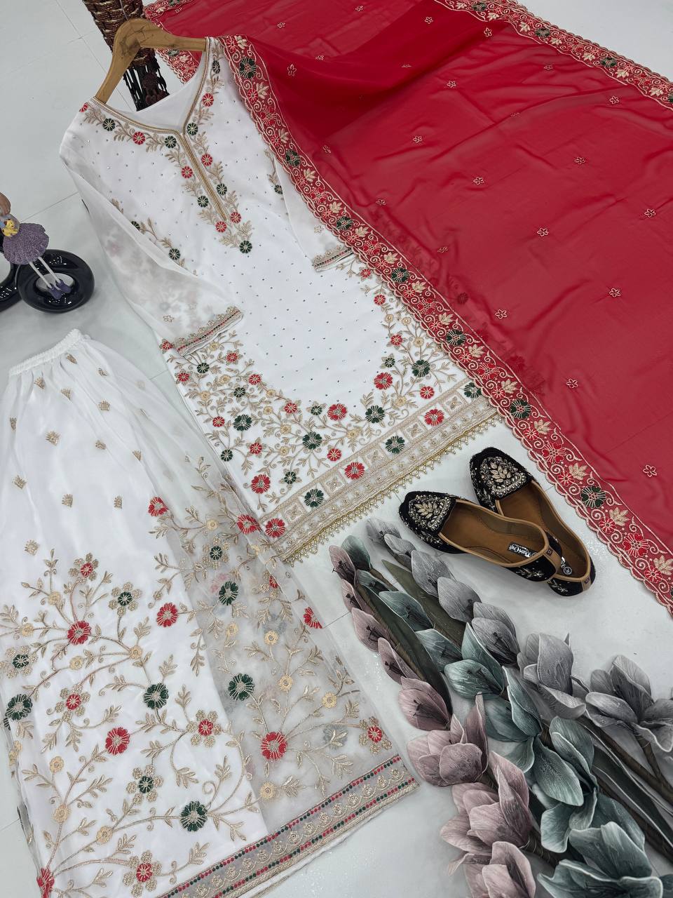 Party Wear Red Color Heavy Faux Georgette Embroidery Sequences With Stone Hand Work Palazzo Suit