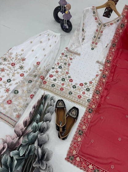 Party Wear Red Color Heavy Faux Georgette Embroidery Sequences With Stone Hand Work Palazzo Suit