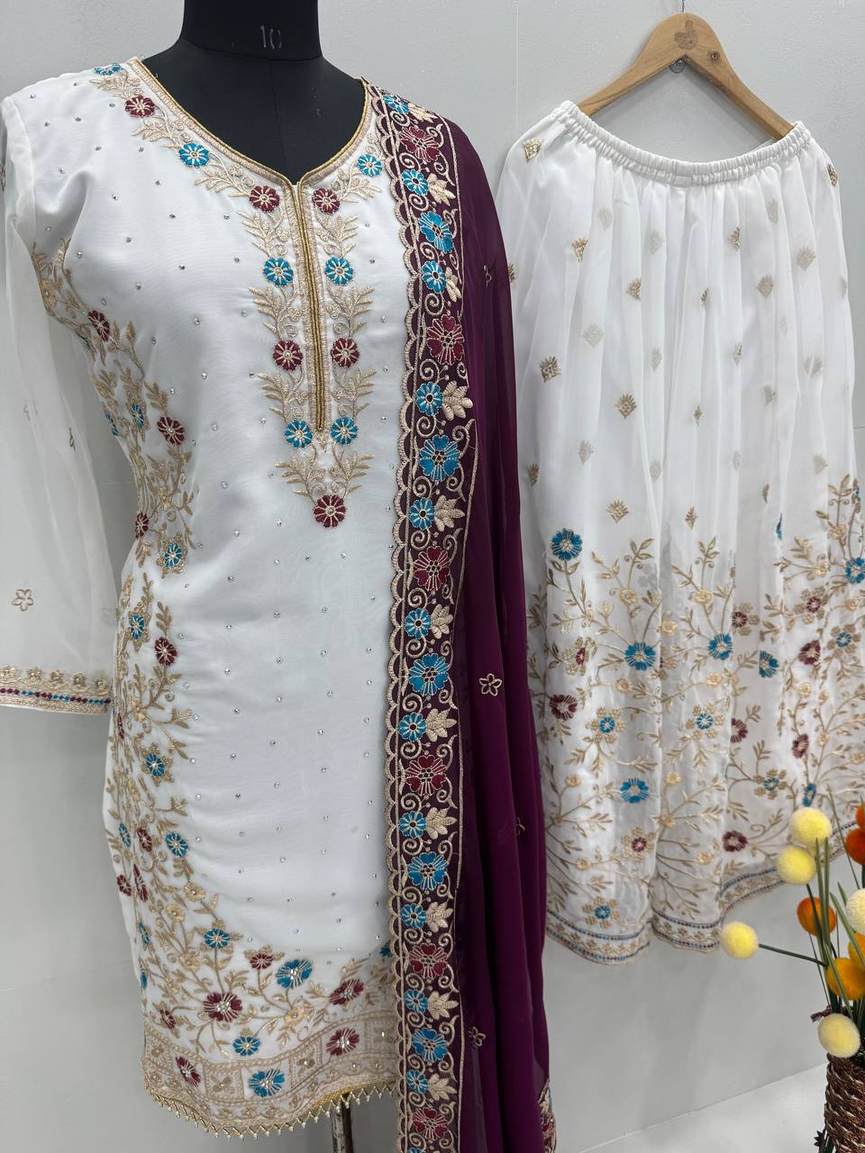 Party Wear Purple Color Heavy Faux Georgette Embroidery Sequences With Stone Hand Work Palazzo Suit