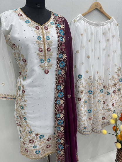 Party Wear Purple Color Heavy Faux Georgette Embroidery Sequences With Stone Hand Work Palazzo Suit
