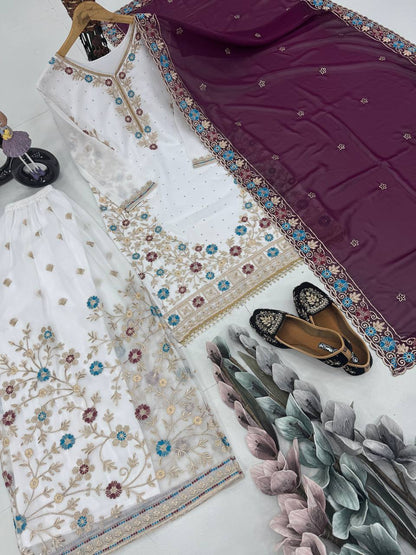 Party Wear Purple Color Heavy Faux Georgette Embroidery Sequences With Stone Hand Work Palazzo Suit
