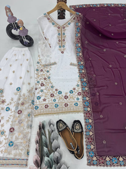 Party Wear Purple Color Heavy Faux Georgette Embroidery Sequences With Stone Hand Work Palazzo Suit