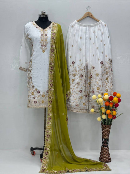 Party Wear Green Color Heavy Faux Georgette Embroidery Sequences With Stone Hand Work Palazzo Suit