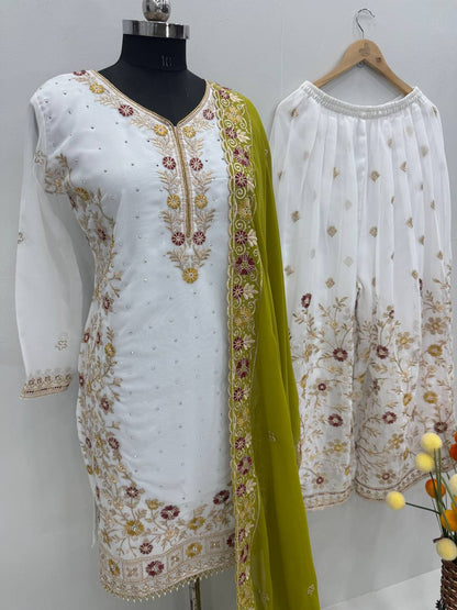 Party Wear Green Color Heavy Faux Georgette Embroidery Sequences With Stone Hand Work Palazzo Suit