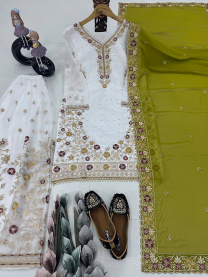 Party Wear Green Color Heavy Faux Georgette Embroidery Sequences With Stone Hand Work Palazzo Suit