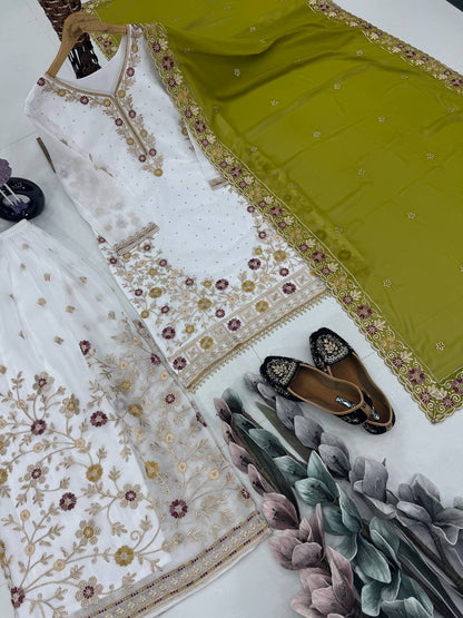 Party Wear Green Color Heavy Faux Georgette Embroidery Sequences With Stone Hand Work Palazzo Suit
