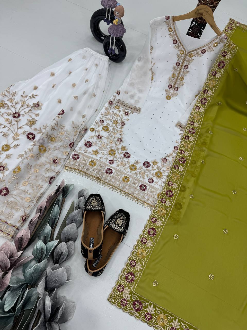 Party Wear Green Color Heavy Faux Georgette Embroidery Sequences With Stone Hand Work Palazzo Suit