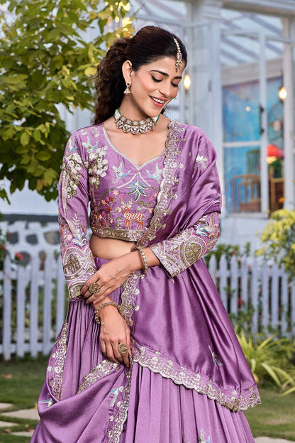Bridal Wear Purple Color Sequence Embroidered with Thread Work Lehenga Choli