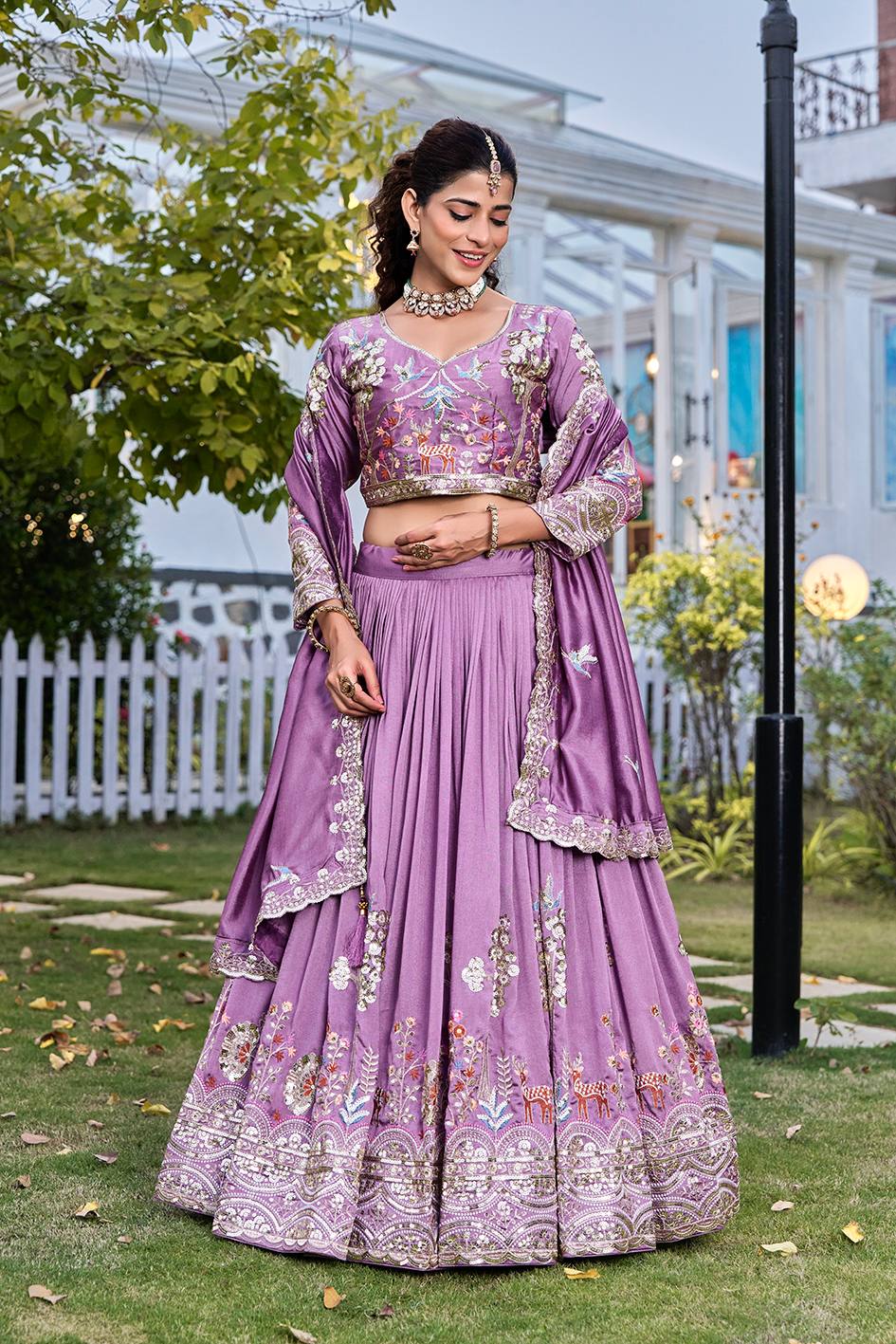 Bridal Wear Purple Color Sequence Embroidered with Thread Work Lehenga Choli