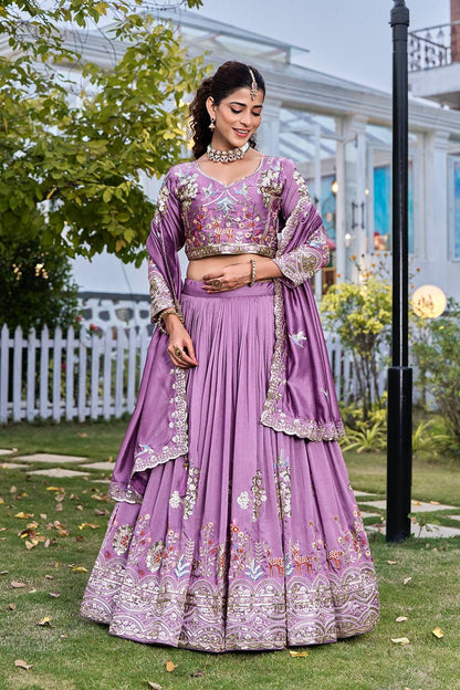 Bridal Wear Purple Color Sequence Embroidered with Thread Work Lehenga Choli