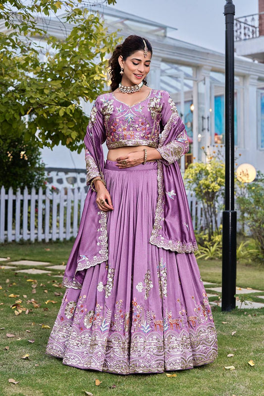 Bridal Wear Purple Color Sequence Embroidered with Thread Work Lehenga Choli
