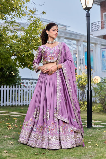 Bridal Wear Purple Color Sequence Embroidered with Thread Work Lehenga Choli