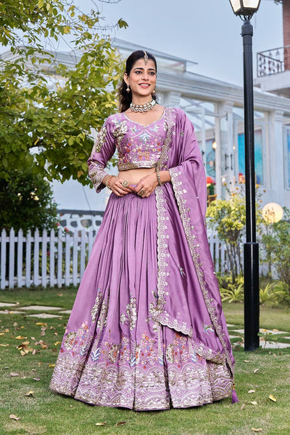 Bridal Wear Purple Color Sequence Embroidered with Thread Work Lehenga Choli
