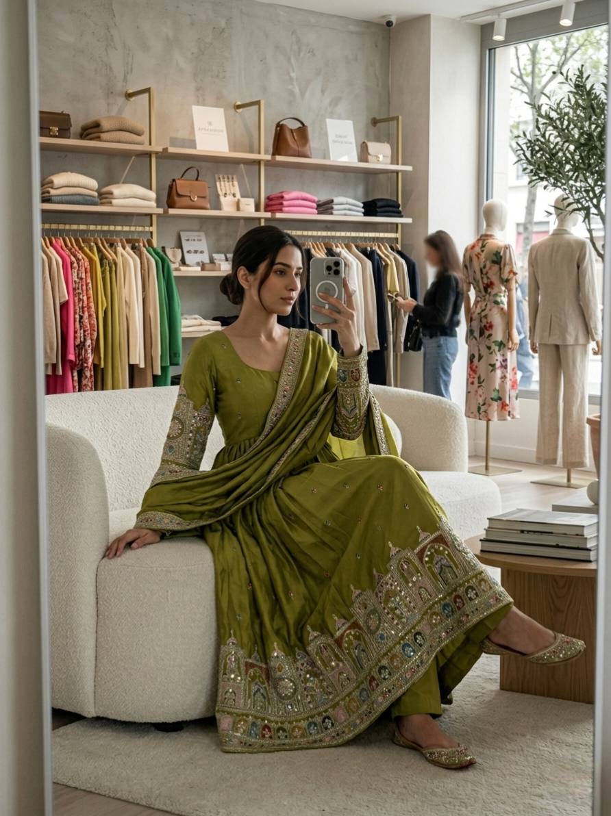 Designer Green Color Pure Chinon Silk Embroidered Gown Set