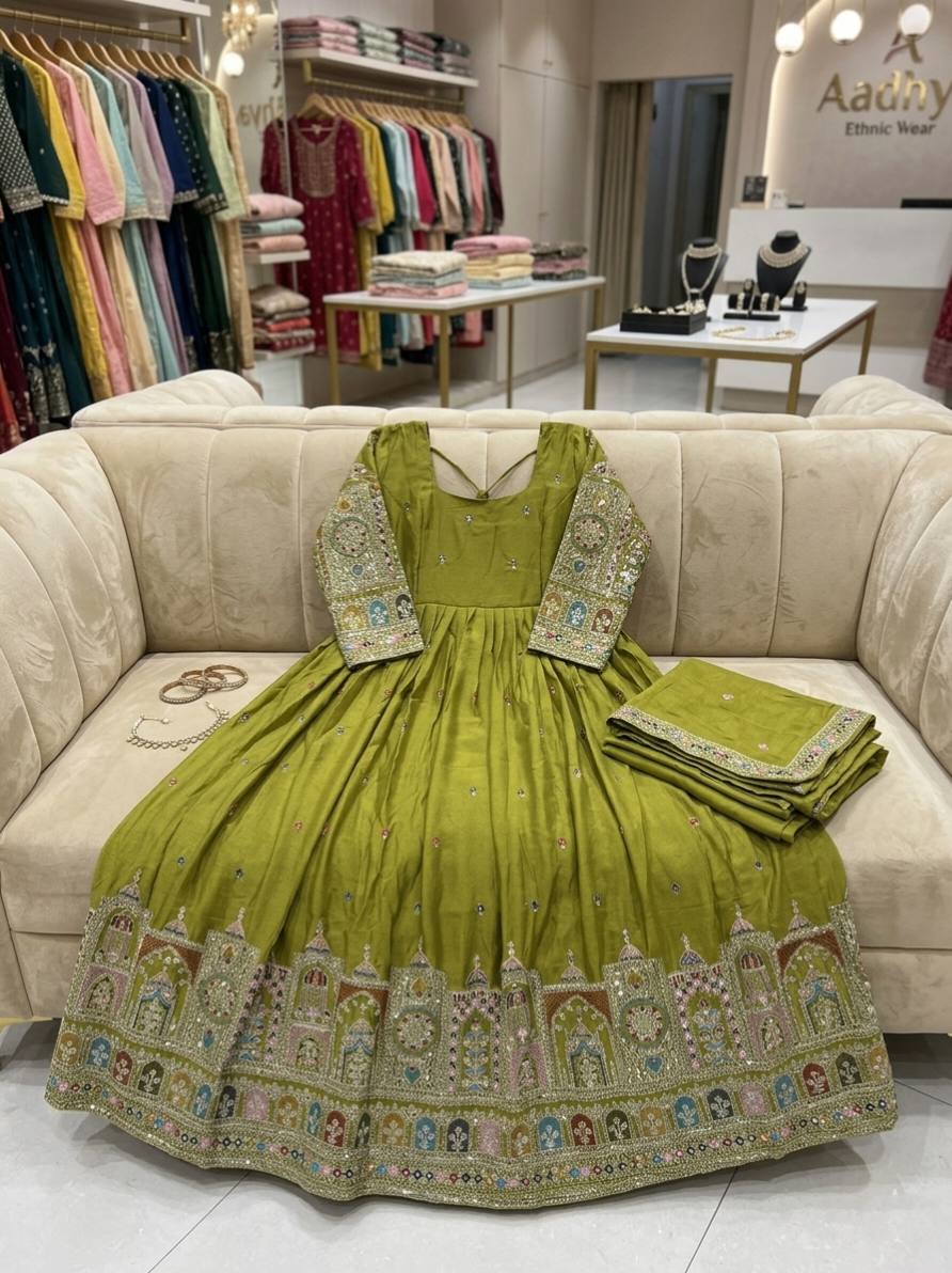 Designer Green Color Pure Chinon Silk Embroidered Gown Set
