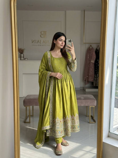 Designer Green Color Pure Chinon Silk Embroidered Gown Set