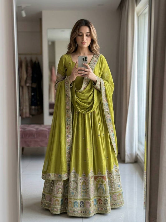 Designer Green Color Pure Chinon Silk Embroidered Gown Set