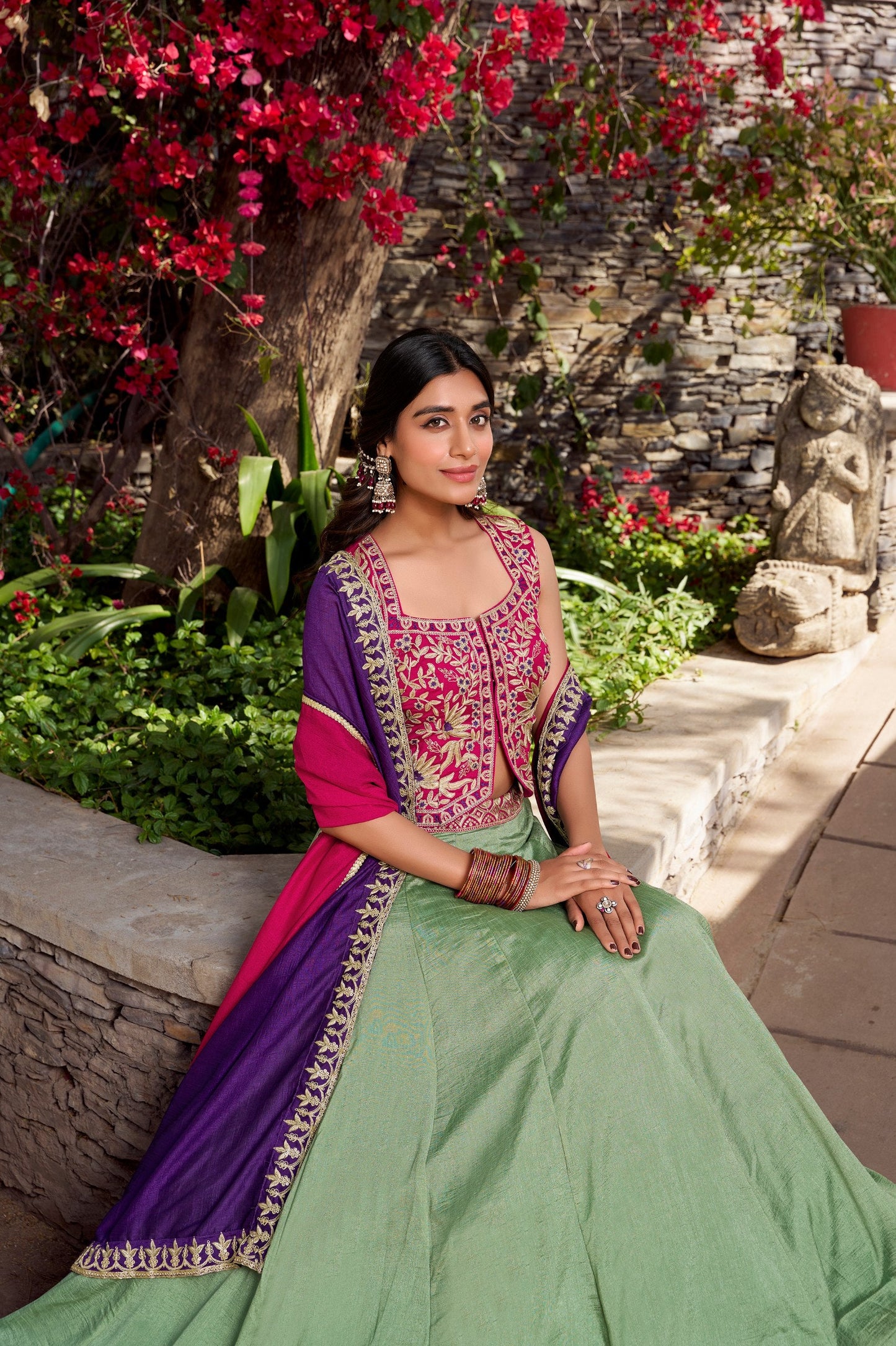 Fantastic Light Green Color Vichitra Silk With Sequins And Thread Embroidery Work Belt Lehenga Choli