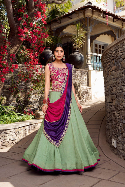 Fantastic Light Green Color Vichitra Silk With Sequins And Thread Embroidery Work Belt Lehenga Choli