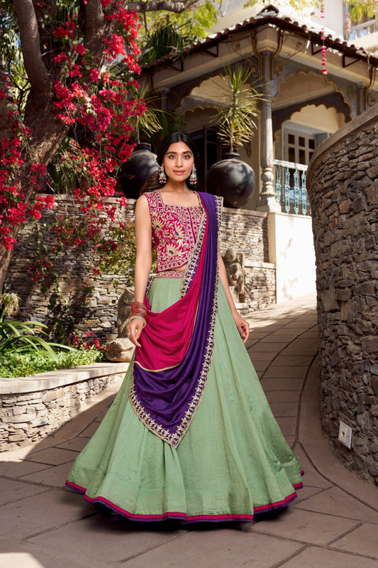 Fantastic Light Green Color Vichitra Silk With Sequins And Thread Embroidery Work Belt Lehenga Choli