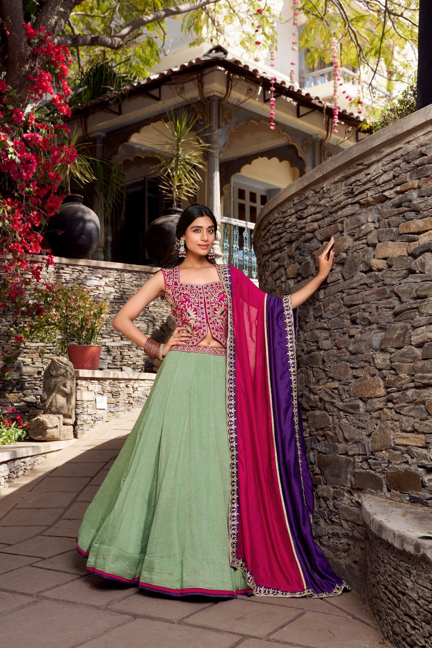 Fantastic Light Green Color Vichitra Silk With Sequins And Thread Embroidery Work Belt Lehenga Choli