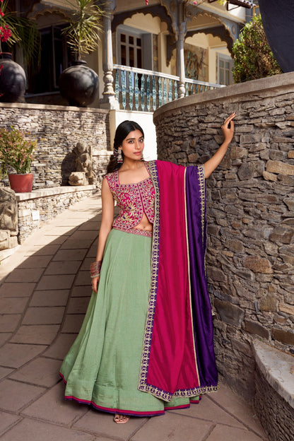 Fantastic Light Green Color Vichitra Silk With Sequins And Thread Embroidery Work Belt Lehenga Choli