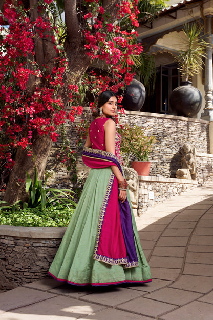 Fantastic Light Green Color Vichitra Silk With Sequins And Thread Embroidery Work Belt Lehenga Choli