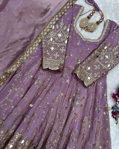 Stylish Lavender Color Heavy Chinon Silk With Embroidery Sequence Work Anarkali Gown