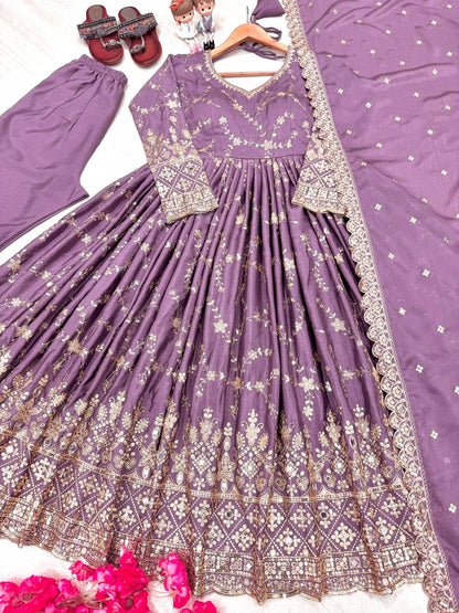 Stylish Lavender Color Heavy Chinon Silk With Embroidery Sequence Work Anarkali Gown