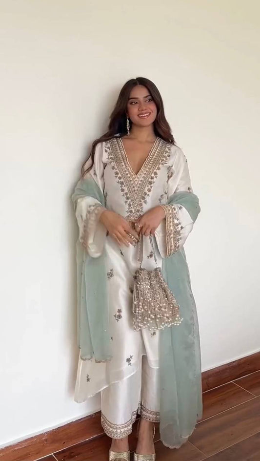 Off White Color Ready To Wear Silk Designer Pant Suit Set