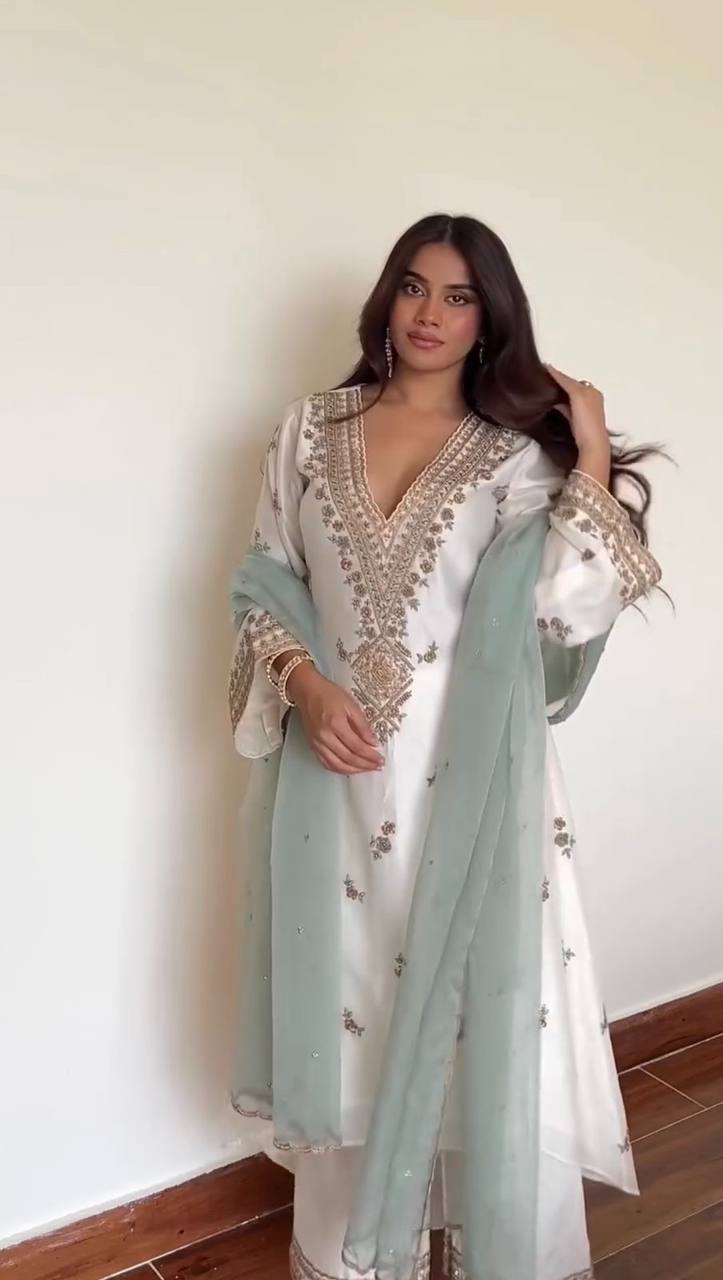 Off White Color Ready To Wear Silk Designer Pant Suit Set