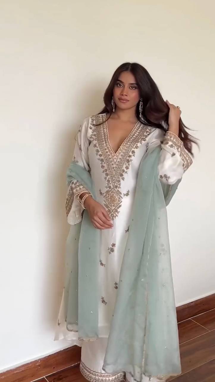 Off White Color Ready To Wear Silk Designer Pant Suit Set