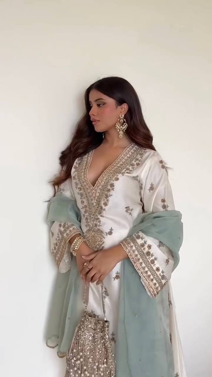 Off White Color Ready To Wear Silk Designer Pant Suit Set