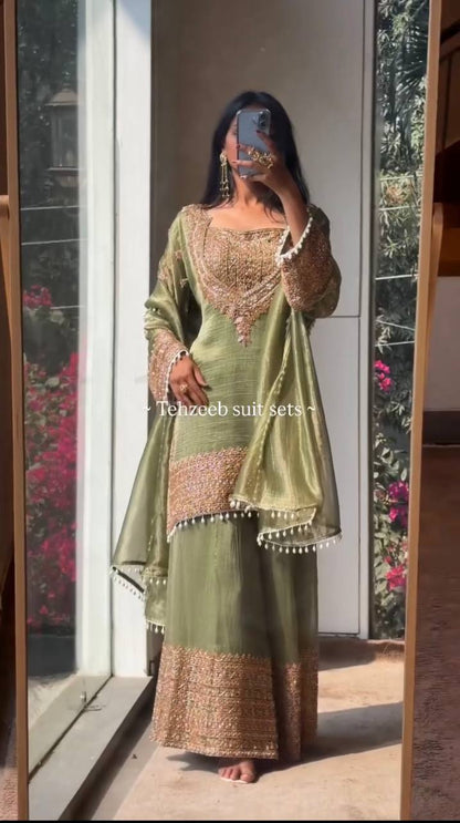 Wedding Wear Fendy Silk Embroidered Sharara Suit Set