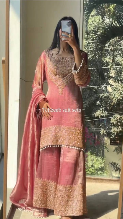 Wedding Wear Fendy Silk Embroidered Sharara Suit Set
