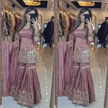 Outstanding Peach Color Natural Silk With Heavy Embroidery Work Beautiful Sharara Suit