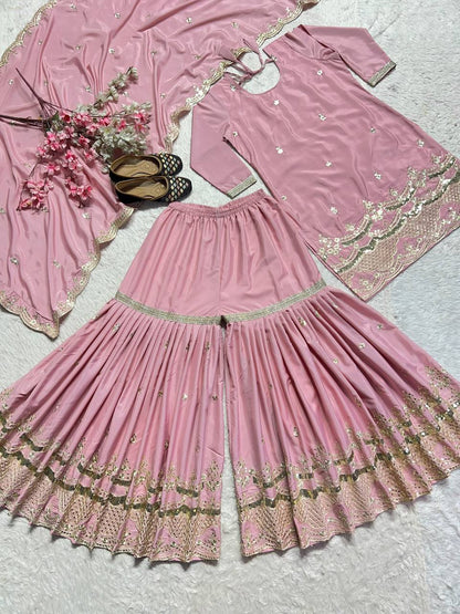 Outstanding Peach Color Natural Silk With Heavy Embroidery Work Beautiful Sharara Suit