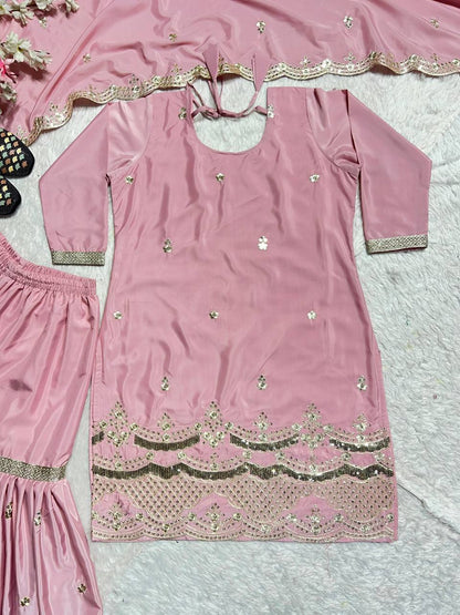 Outstanding Peach Color Natural Silk With Heavy Embroidery Work Beautiful Sharara Suit