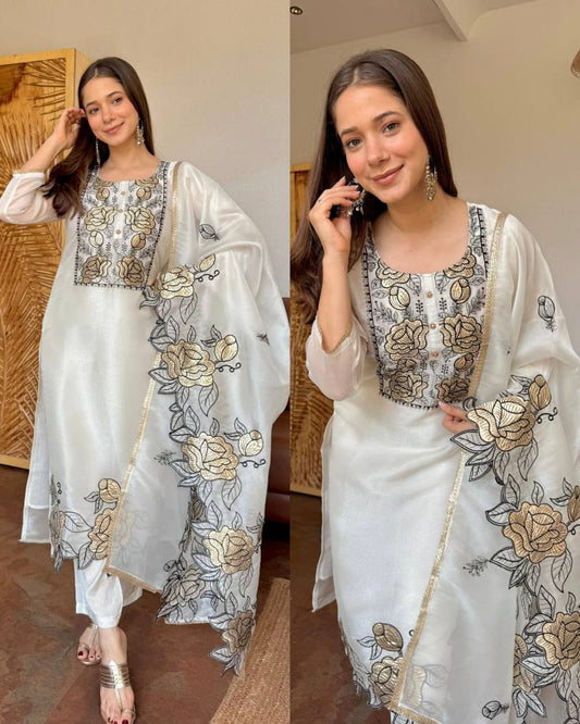 Party Wear off White Color Thread Work Salwar Suit