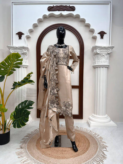Party Wear Cream Color Thread Work Salwar Suit