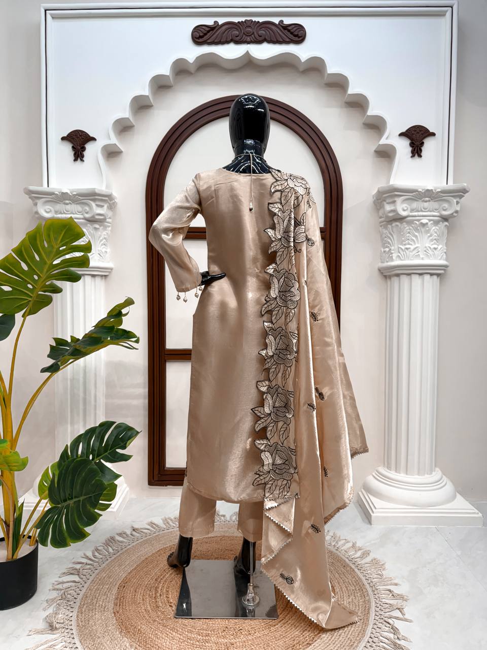 Party Wear Cream Color Thread Work Salwar Suit