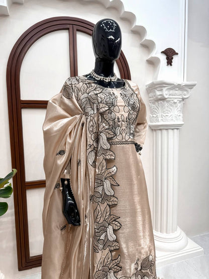 Party Wear Cream Color Thread Work Salwar Suit