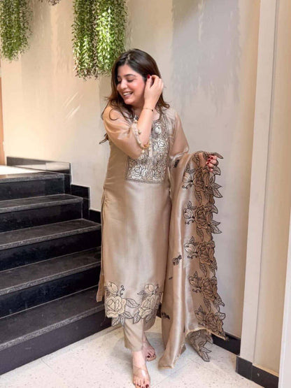 Party Wear Cream Color Thread Work Salwar Suit