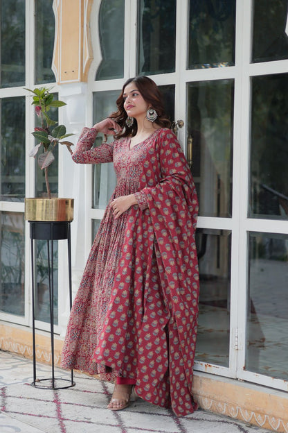 Attractive Maroon Color Pure Cotton Designer Anarkali Suit