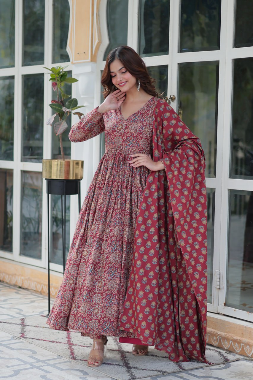 Attractive Maroon Color Pure Cotton Designer Anarkali Suit