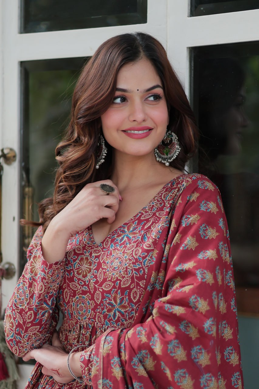 Attractive Maroon Color Pure Cotton Designer Anarkali Suit