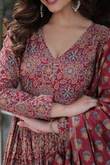 Attractive Maroon Color Pure Cotton Designer Anarkali Suit